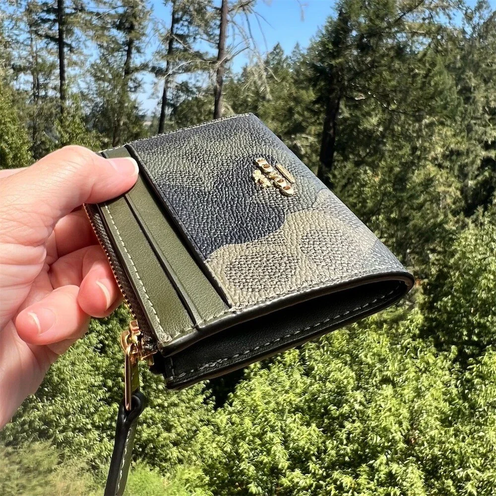 COACH Mini Skinny ID Case Cardholder Keychain Wallet Camo Print Gold Hardware
